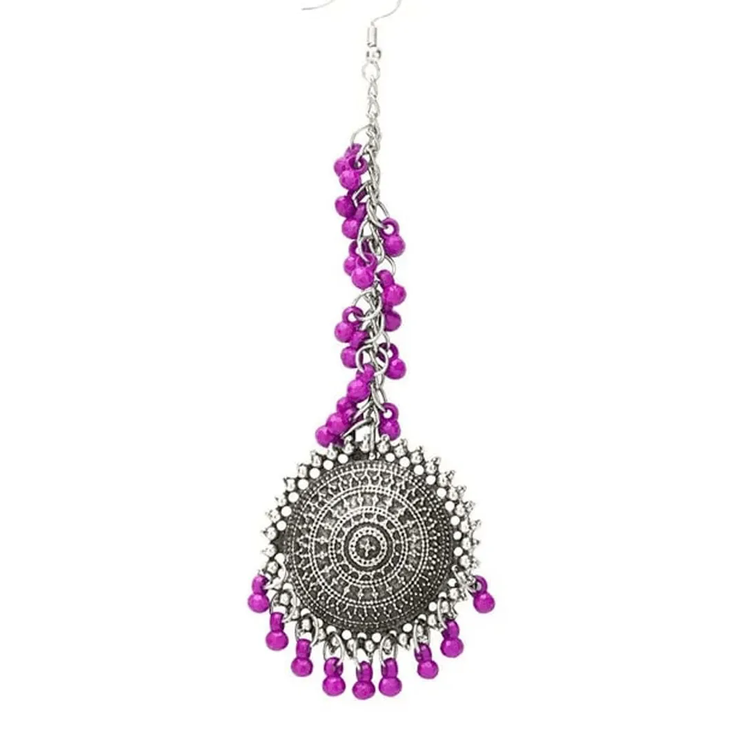 Silver Pink Bahubali Chain Jhumka With Maang Tikka