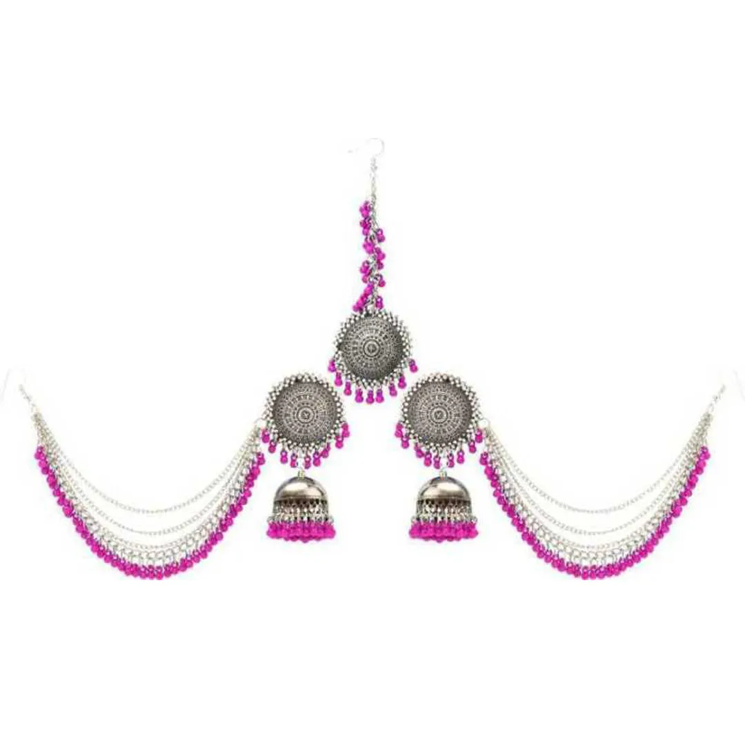 Silver Pink Bahubali Chain Jhumka With Maang Tikka