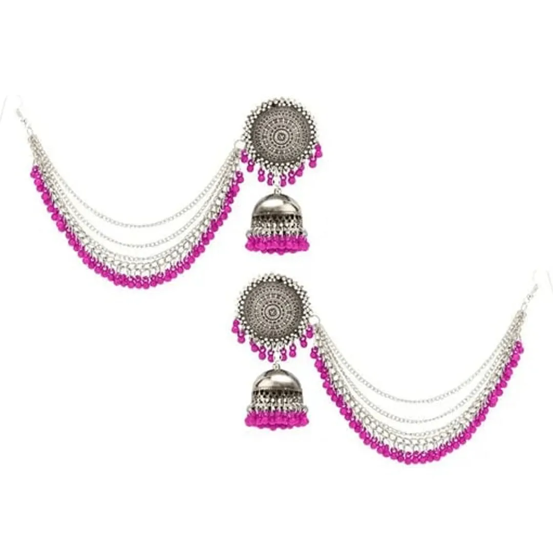 Silver Pink Bahubali Chain Jhumka With Maang Tikka