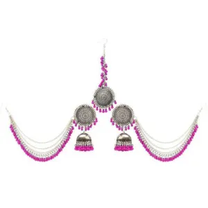 Silver Pink Bahubali Chain Jhumka With Maang Tikka