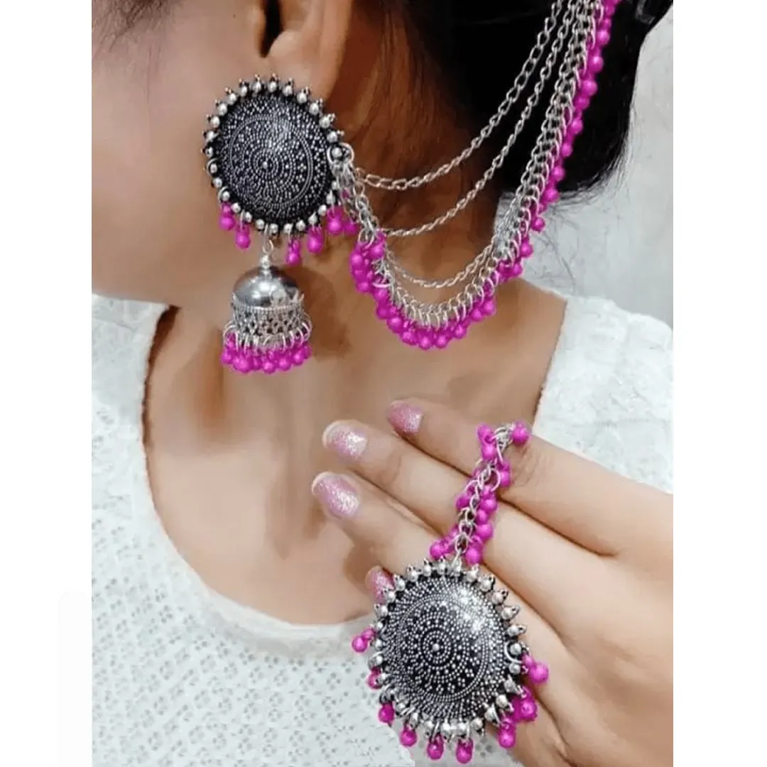 Silver Pink Bahubali Chain Jhumka With Maang Tikka