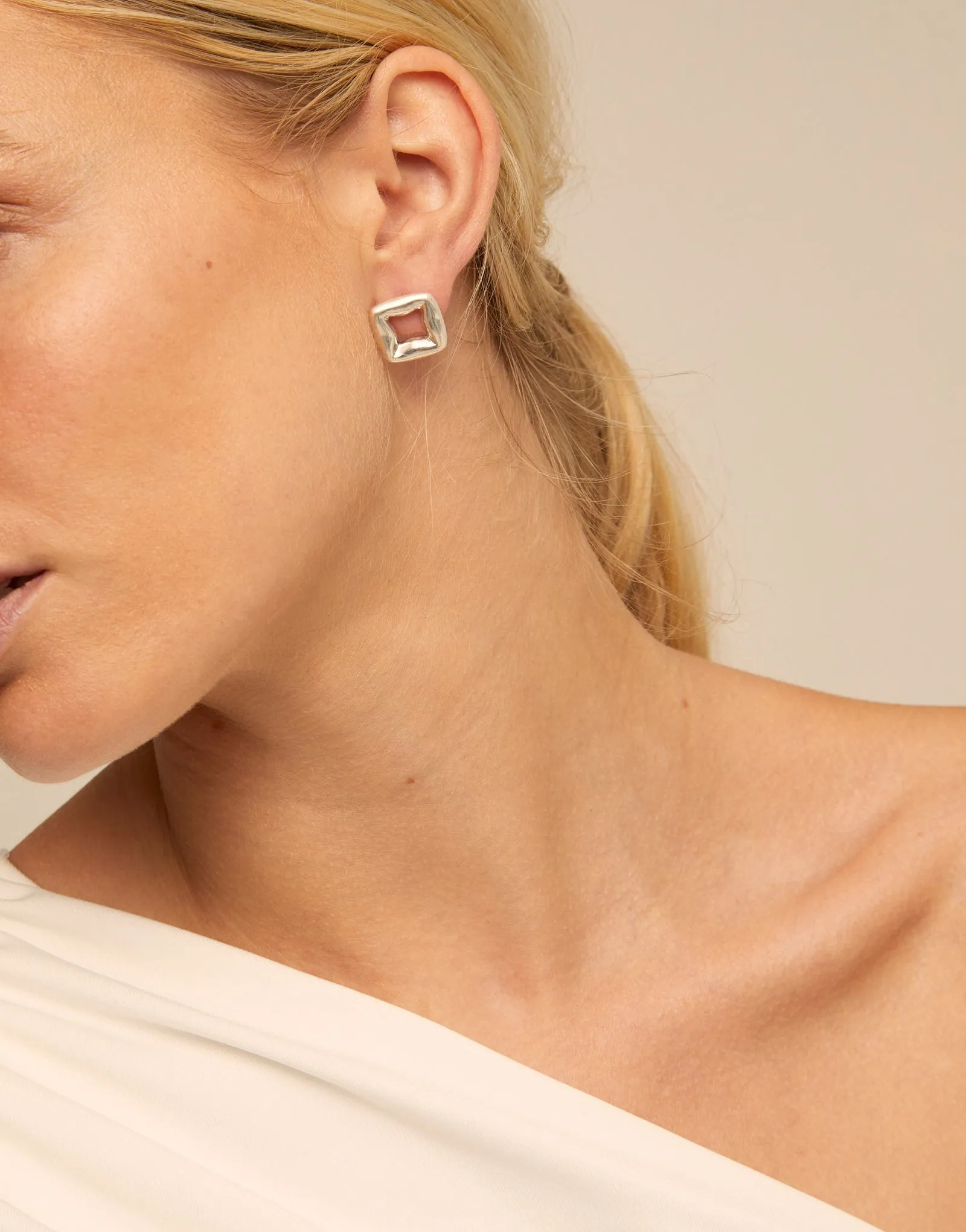 Silver Plated Square Cushion Link Stud Earrings