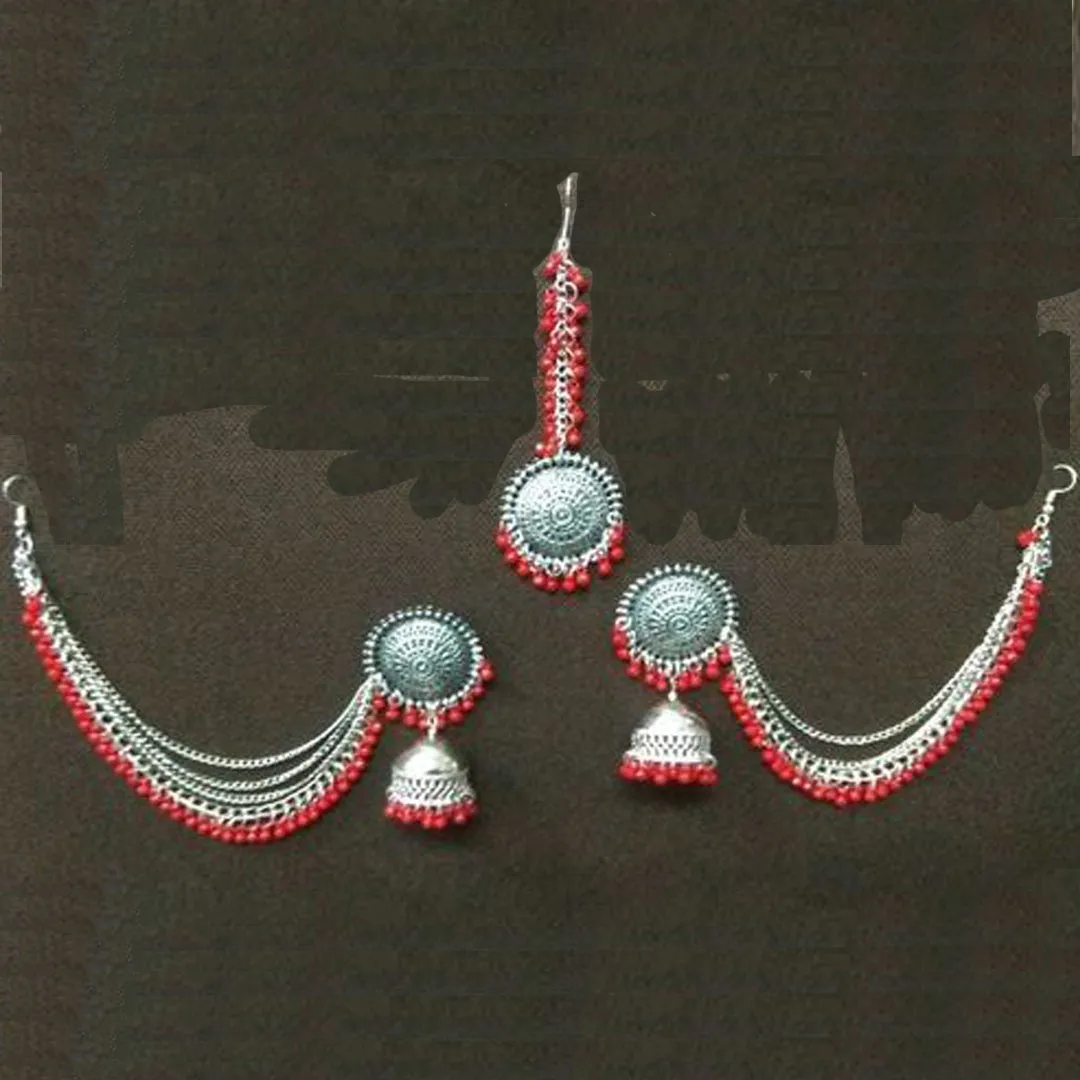Silver Red Bahubali Chain Jhumka With Maang Tikka