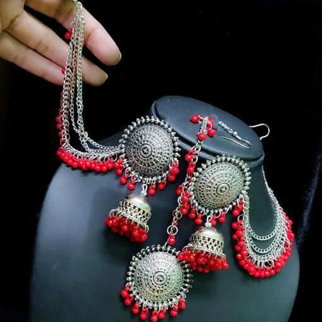 Silver Red Bahubali Chain Jhumka With Maang Tikka