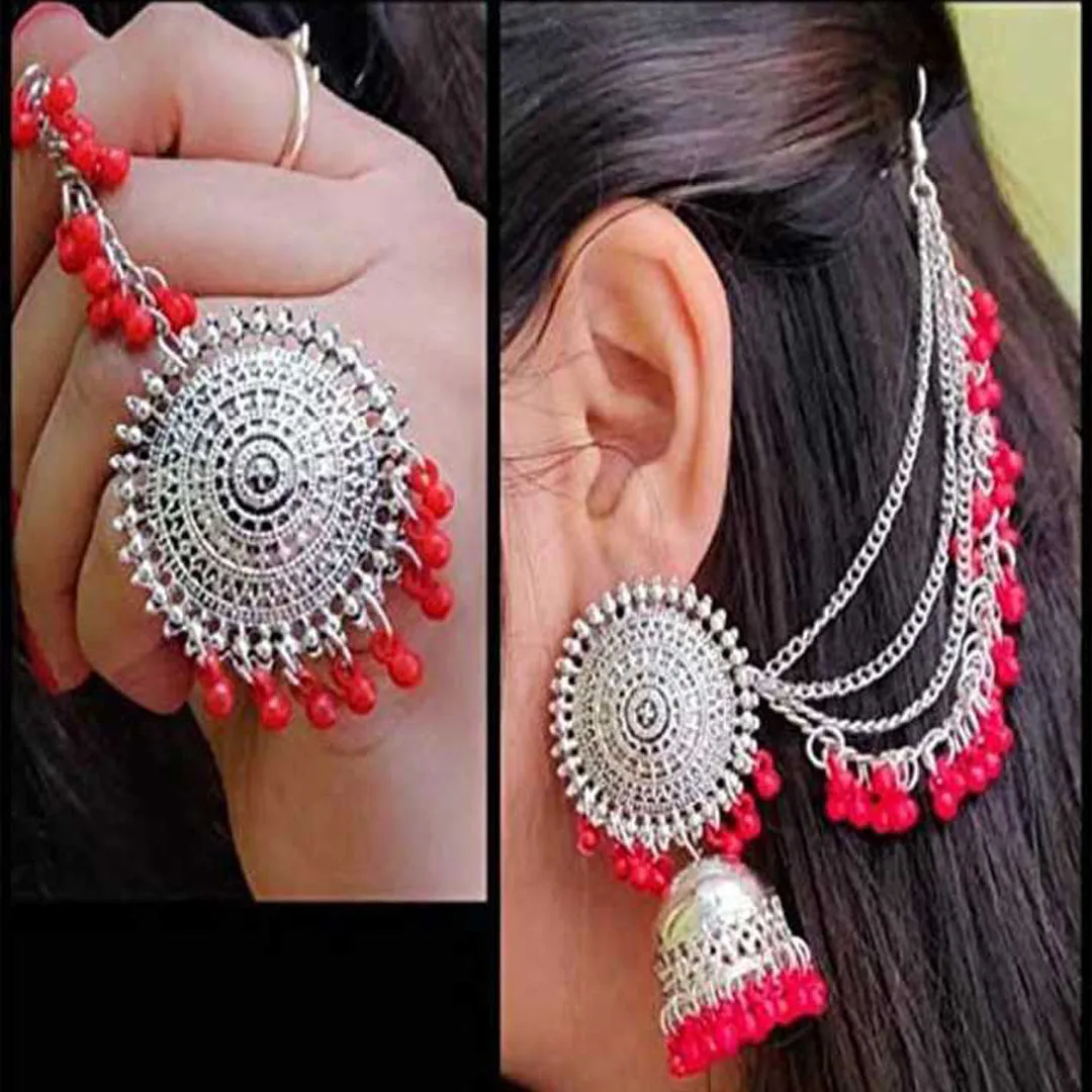 Silver Red Bahubali Chain Jhumka With Maang Tikka