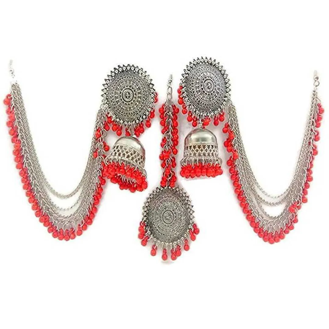 Silver Red Bahubali Chain Jhumka With Maang Tikka