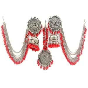 Silver Red Bahubali Chain Jhumka With Maang Tikka