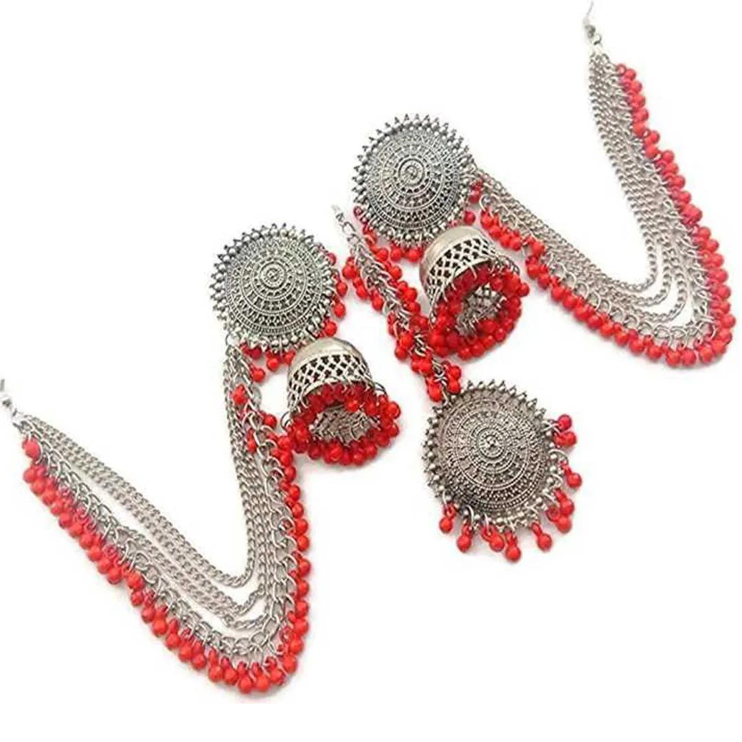 Silver Red Bahubali Chain Jhumka With Maang Tikka