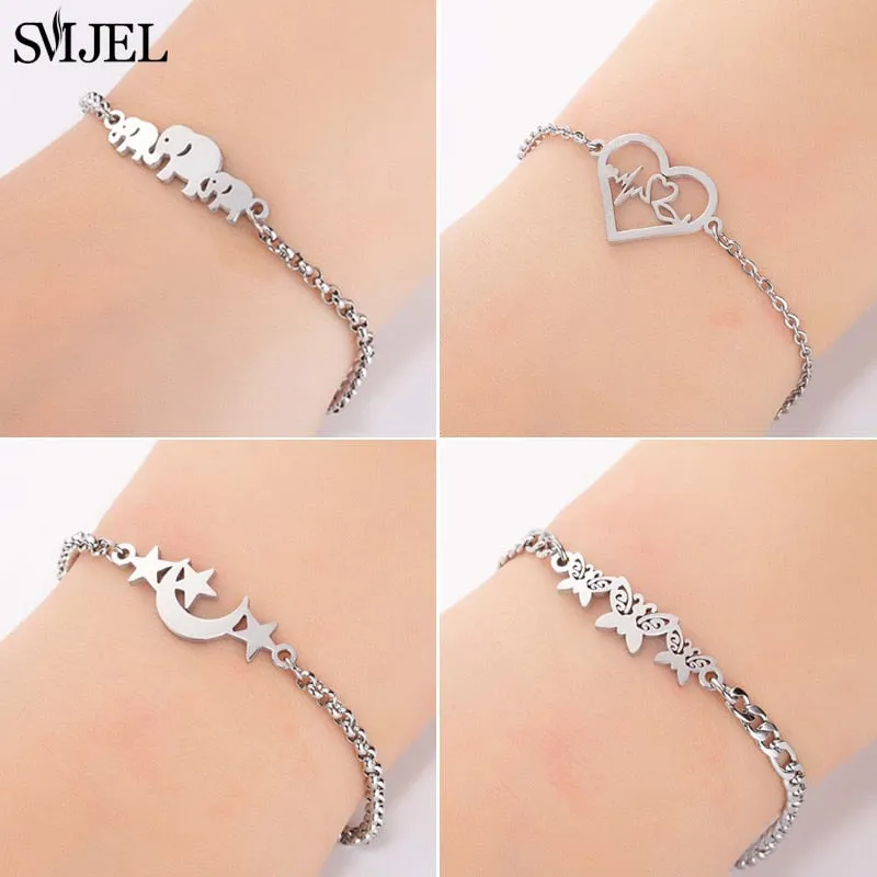 SMJEL Fashion Stainless Steel Family Elephant Bracelets Girl Boy Women Charm Adjustable Gold Bracelets Kids Gift