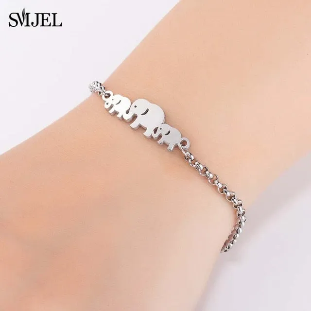 SMJEL Fashion Stainless Steel Family Elephant Bracelets Girl Boy Women Charm Adjustable Gold Bracelets Kids Gift
