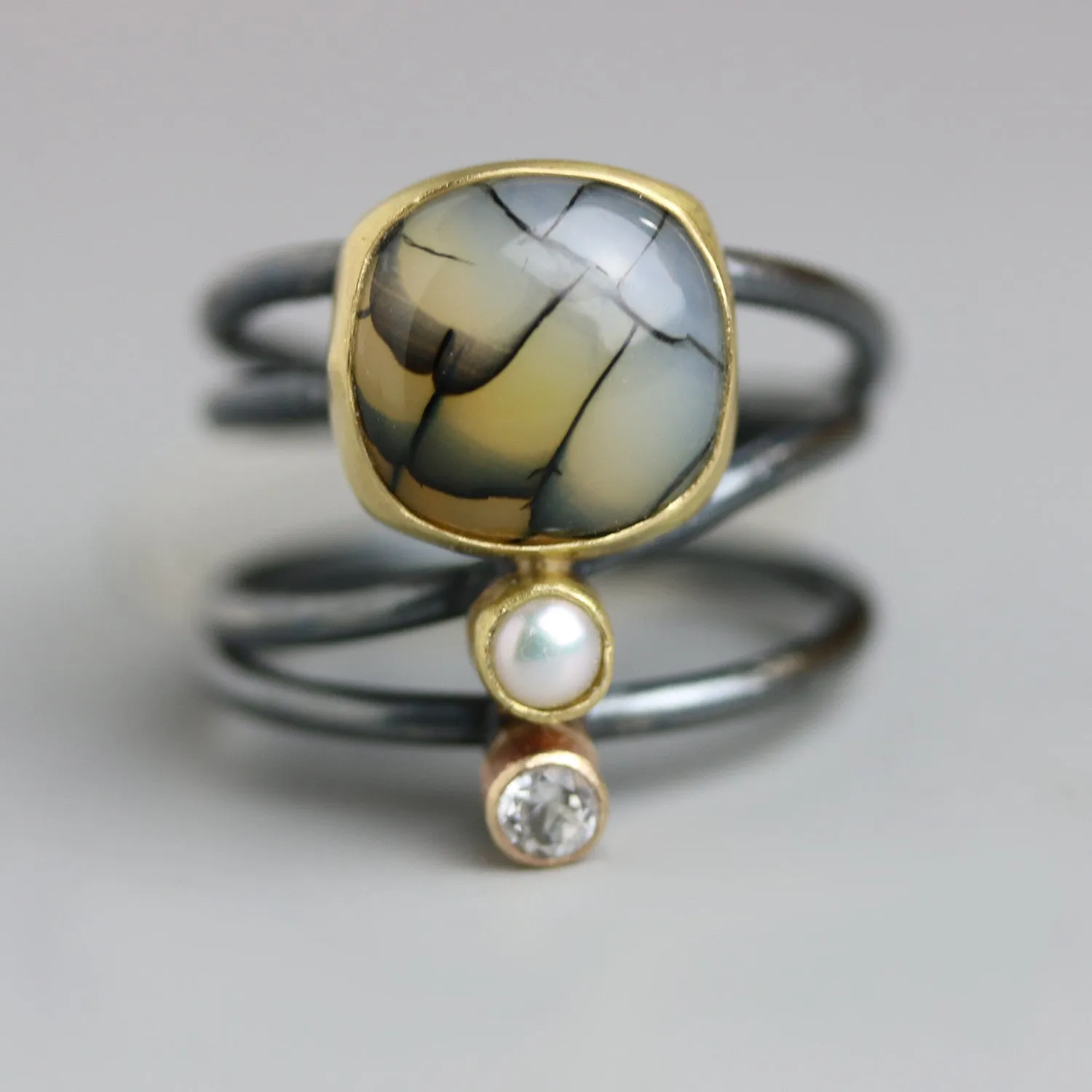 SOLD - Snake Agate, Pearl and Topaz Swirled Band Ring. Size 7.