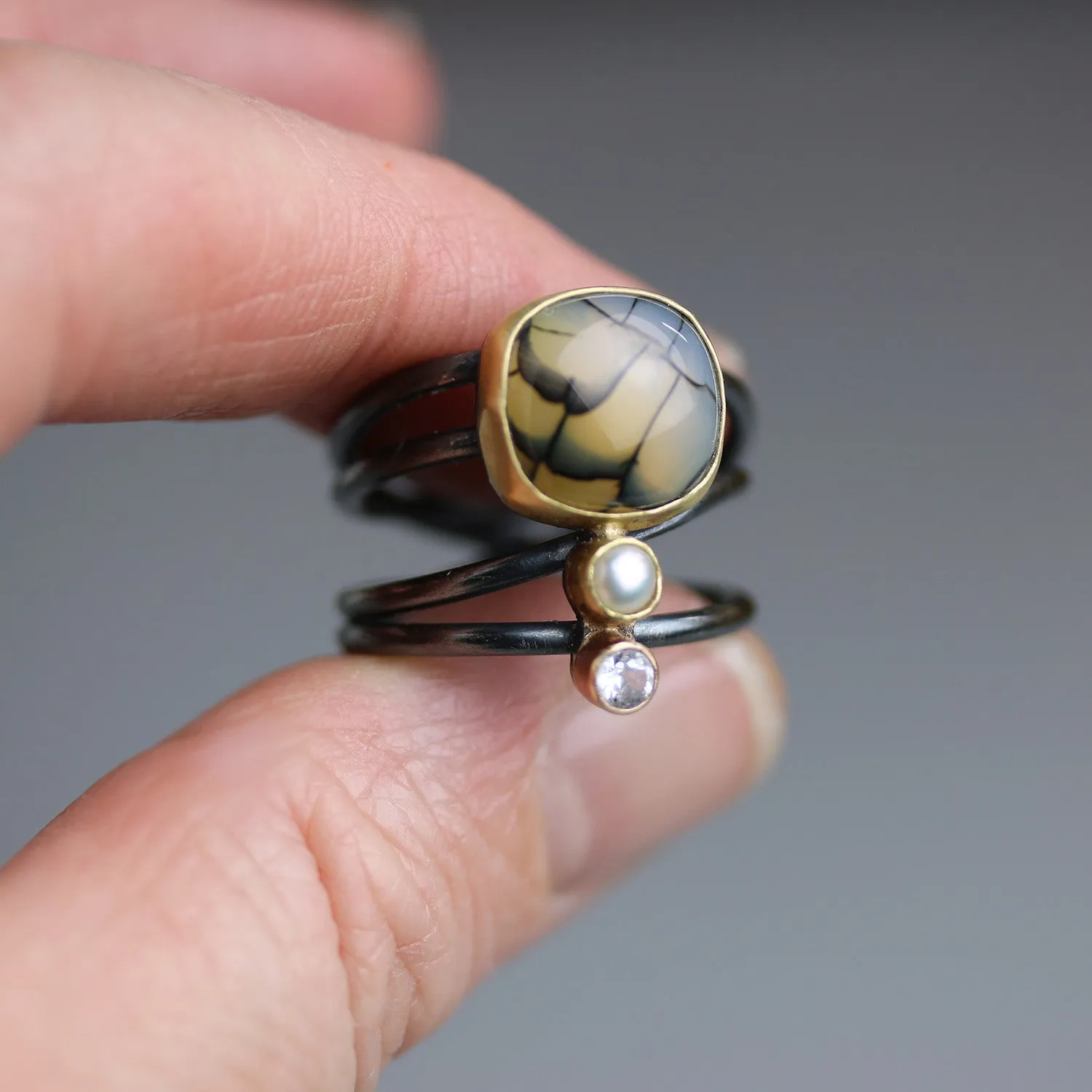 SOLD - Snake Agate, Pearl and Topaz Swirled Band Ring. Size 7.