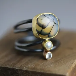 SOLD - Snake Agate, Pearl and Topaz Swirled Band Ring. Size 7.