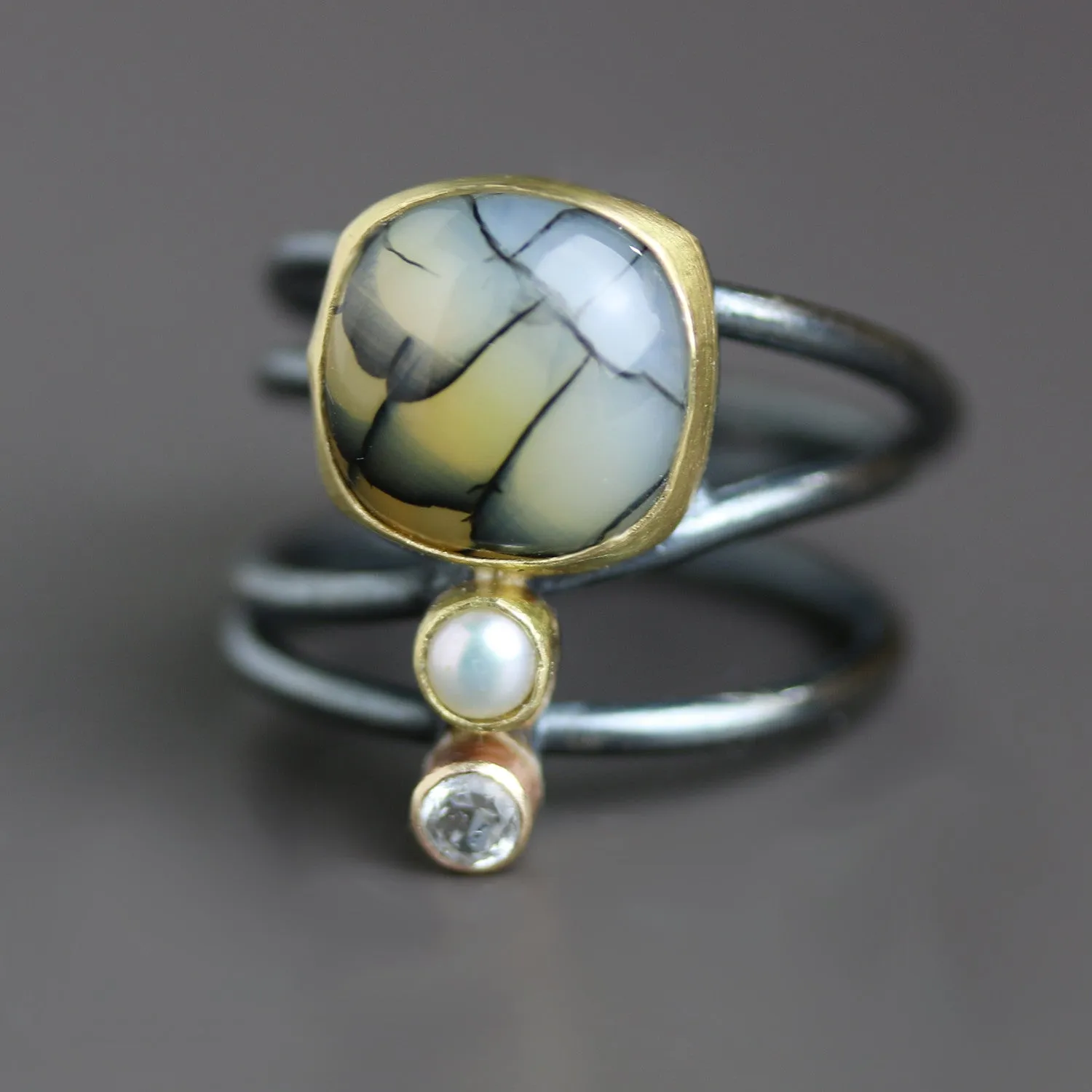 SOLD - Snake Agate, Pearl and Topaz Swirled Band Ring. Size 7.