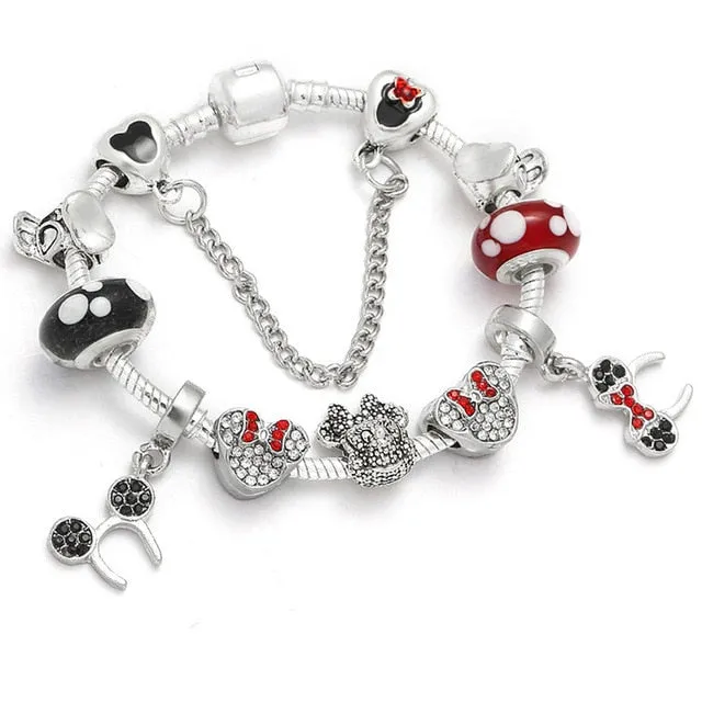 Sonykifa Handmade Mickey & Minnie Murano Glass Beads Charm Bracelet Women Fit Snake Chain  Bracelet For Children Jewelry