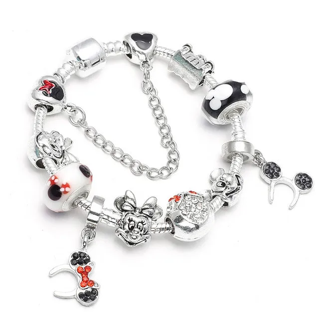 Sonykifa Handmade Mickey & Minnie Murano Glass Beads Charm Bracelet Women Fit Snake Chain  Bracelet For Children Jewelry