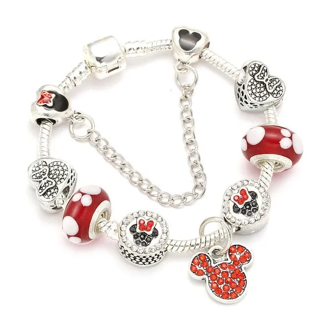 Sonykifa Handmade Mickey & Minnie Murano Glass Beads Charm Bracelet Women Fit Snake Chain  Bracelet For Children Jewelry