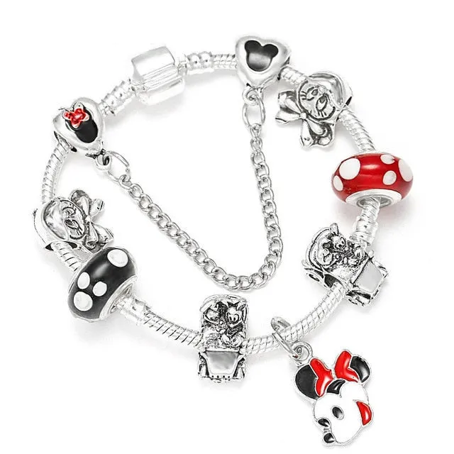 Sonykifa Handmade Mickey & Minnie Murano Glass Beads Charm Bracelet Women Fit Snake Chain  Bracelet For Children Jewelry