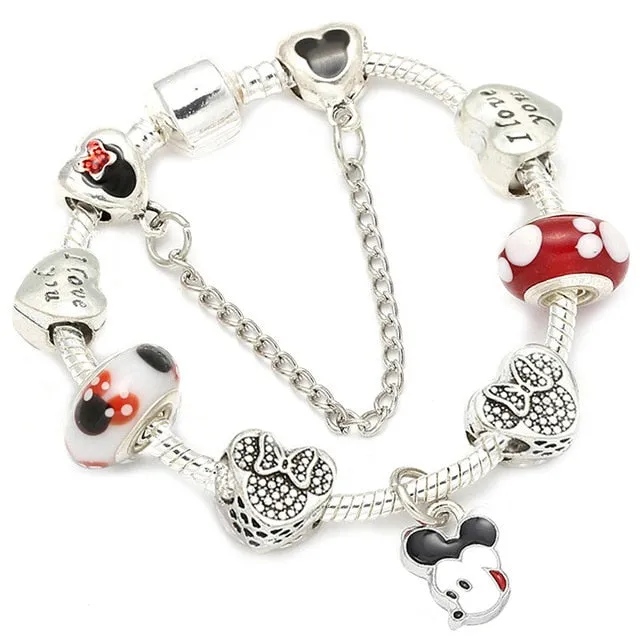 Sonykifa Handmade Mickey & Minnie Murano Glass Beads Charm Bracelet Women Fit Snake Chain  Bracelet For Children Jewelry