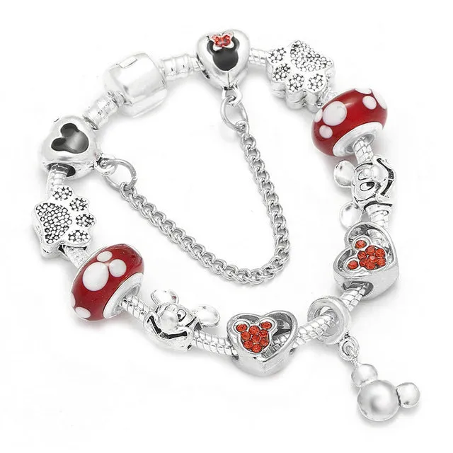 Sonykifa Handmade Mickey & Minnie Murano Glass Beads Charm Bracelet Women Fit Snake Chain  Bracelet For Children Jewelry