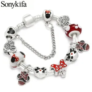 Sonykifa Handmade Mickey & Minnie Murano Glass Beads Charm Bracelet Women Fit Snake Chain  Bracelet For Children Jewelry