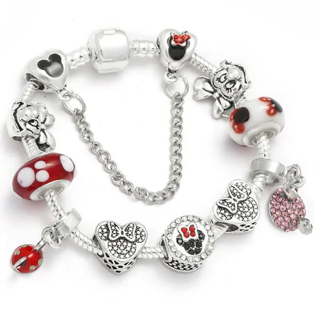 Sonykifa Handmade Mickey & Minnie Murano Glass Beads Charm Bracelet Women Fit Snake Chain  Bracelet For Children Jewelry