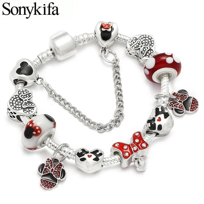 Sonykifa Handmade Mickey & Minnie Murano Glass Beads Charm Bracelet Women Fit Snake Chain  Bracelet For Children Jewelry