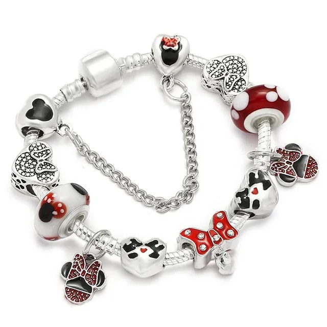 Sonykifa Handmade Mickey & Minnie Murano Glass Beads Charm Bracelet Women Fit Snake Chain  Bracelet For Children Jewelry