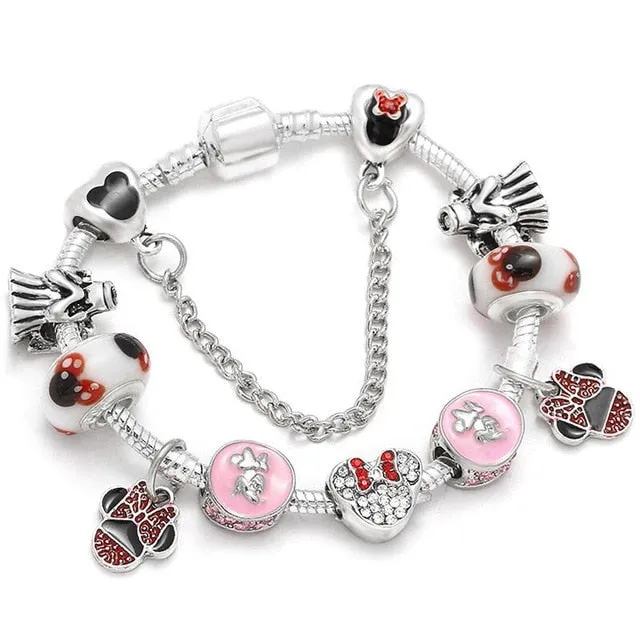 Sonykifa Handmade Mickey & Minnie Murano Glass Beads Charm Bracelet Women Fit Snake Chain  Bracelet For Children Jewelry
