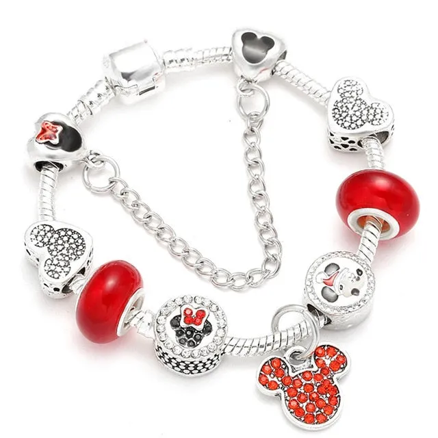 Sonykifa Handmade Mickey & Minnie Murano Glass Beads Charm Bracelet Women Fit Snake Chain  Bracelet For Children Jewelry