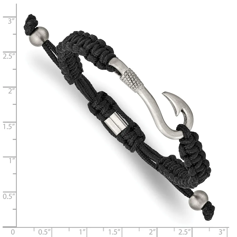 Stainless Steel Brushed Fishing Hook Black Nylon Adjustable Bracelet