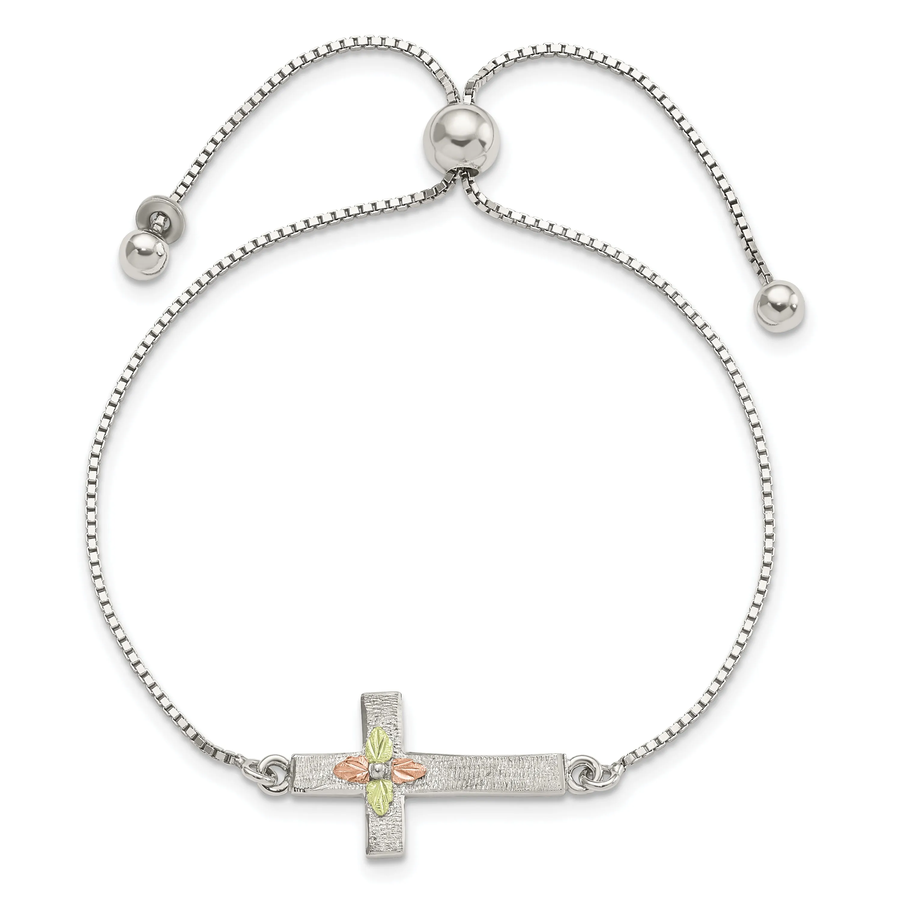 Sterling Silver w/ 12K Gold Accents Black Hills Gold Cross Adjustable Bolo Bracelet