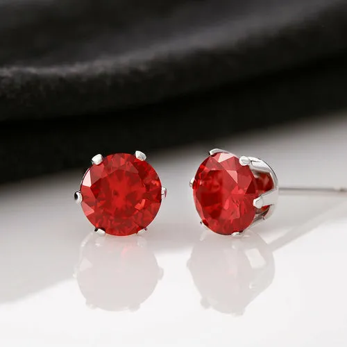 Stunning Red CZ Stud Earrings - 14K White Gold Dipped, 6mm Size