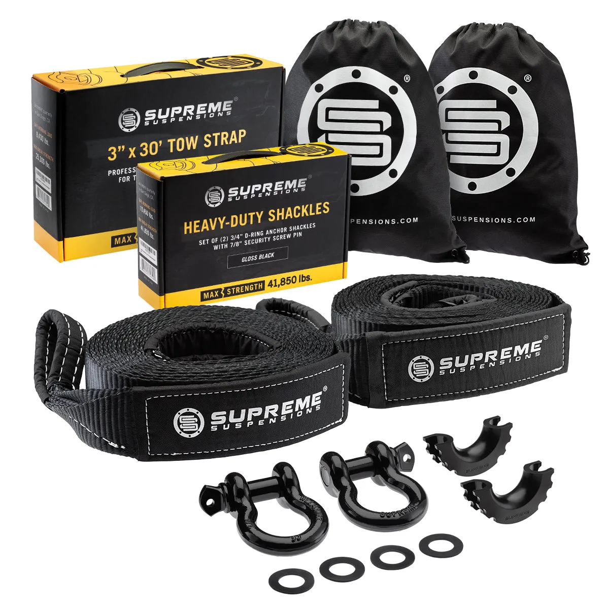 Supreme Suspensions® Recovery Tow Strap Kit   Heavy-Duty 3/4" D Ring Anchor Shackle w/ 7/8" Security Screw Pin - Gloss Black