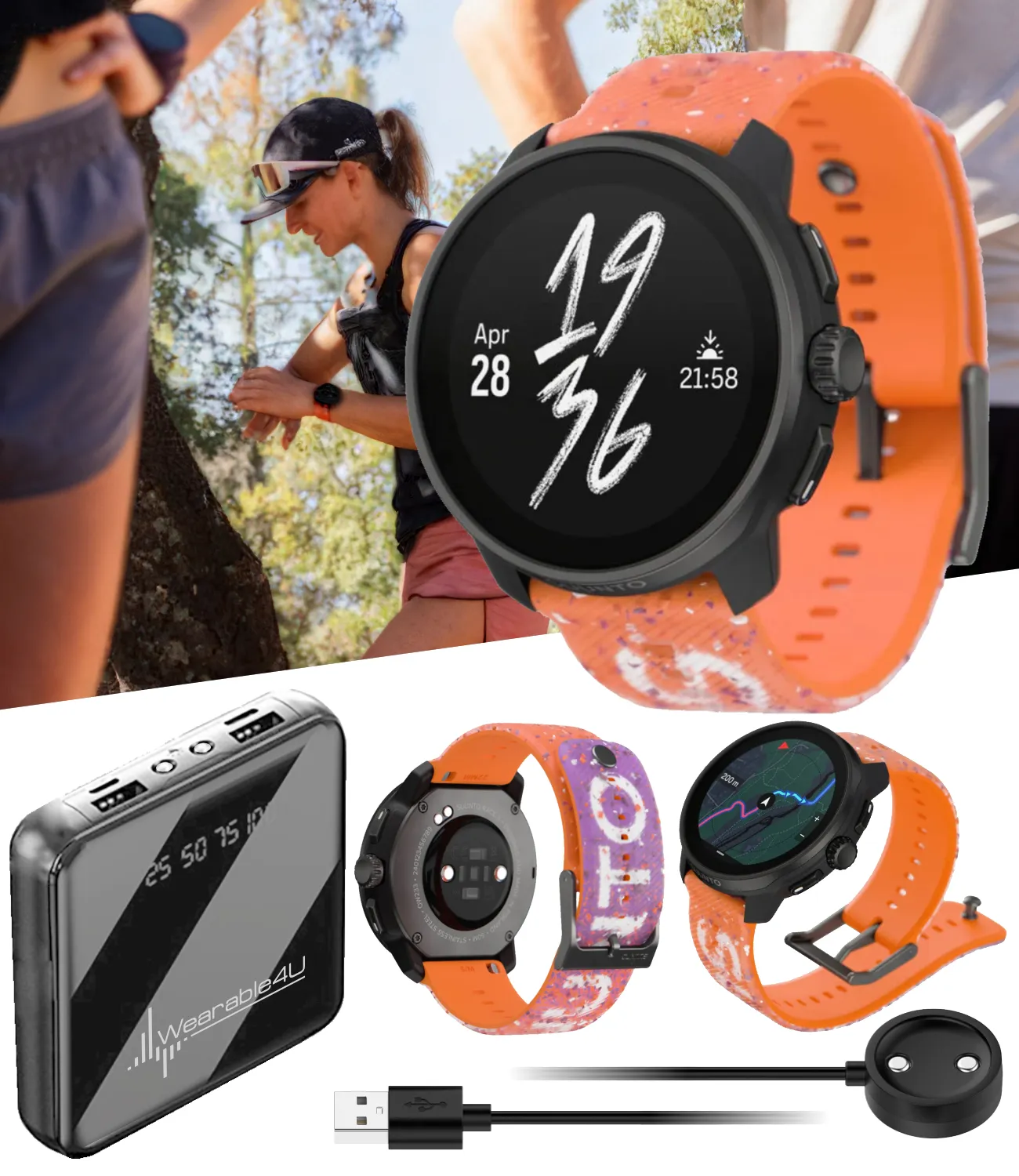Suunto Race S GPS Sports Smartwatch, AMOLED Touchscreen w/ 13D Standby, Dualband GNSS, Global Offline Map, Advanced Training with Wearable4U Power Bank Bundle