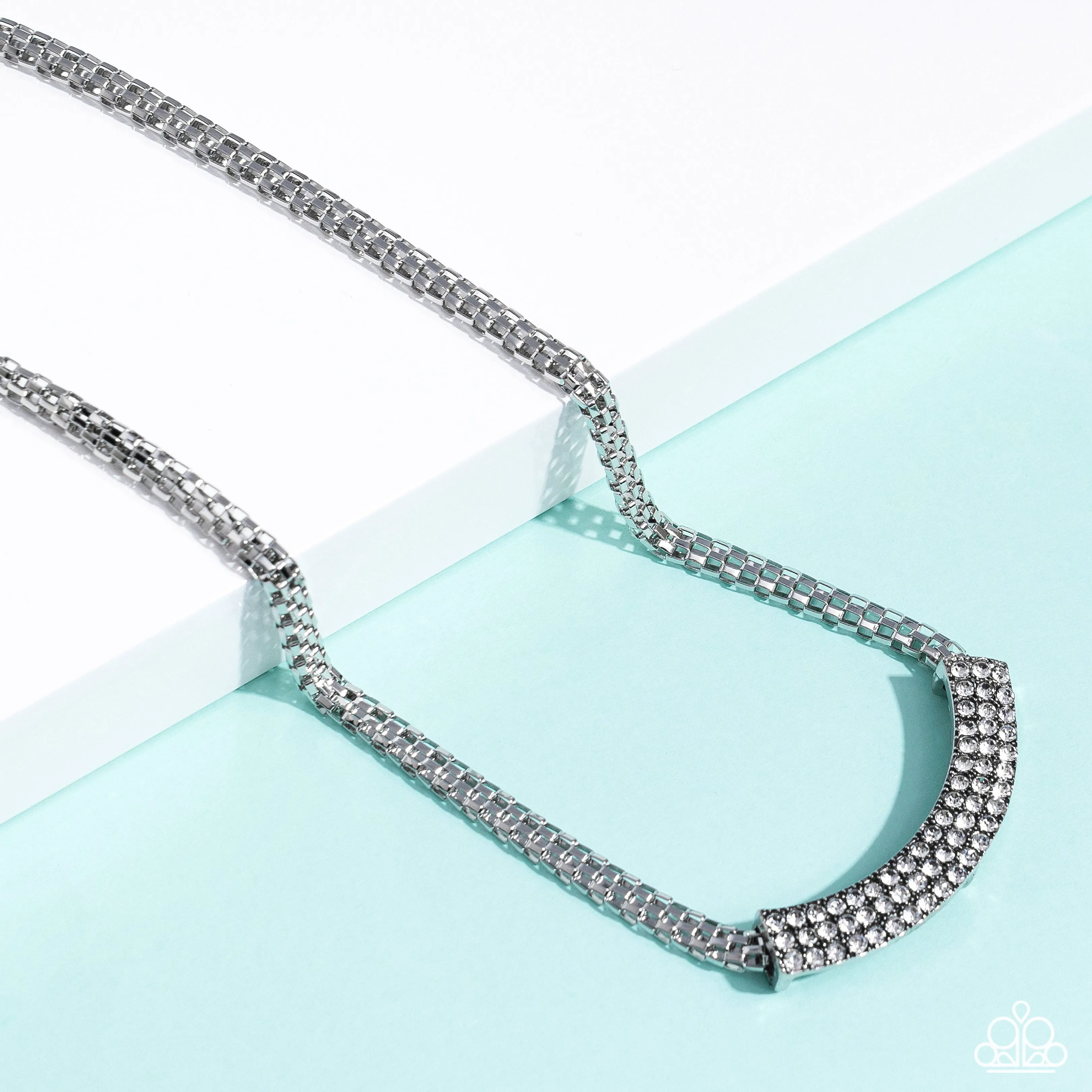 Swing Dance Dream - White Rhinestone Silver Mesh Chain Necklace