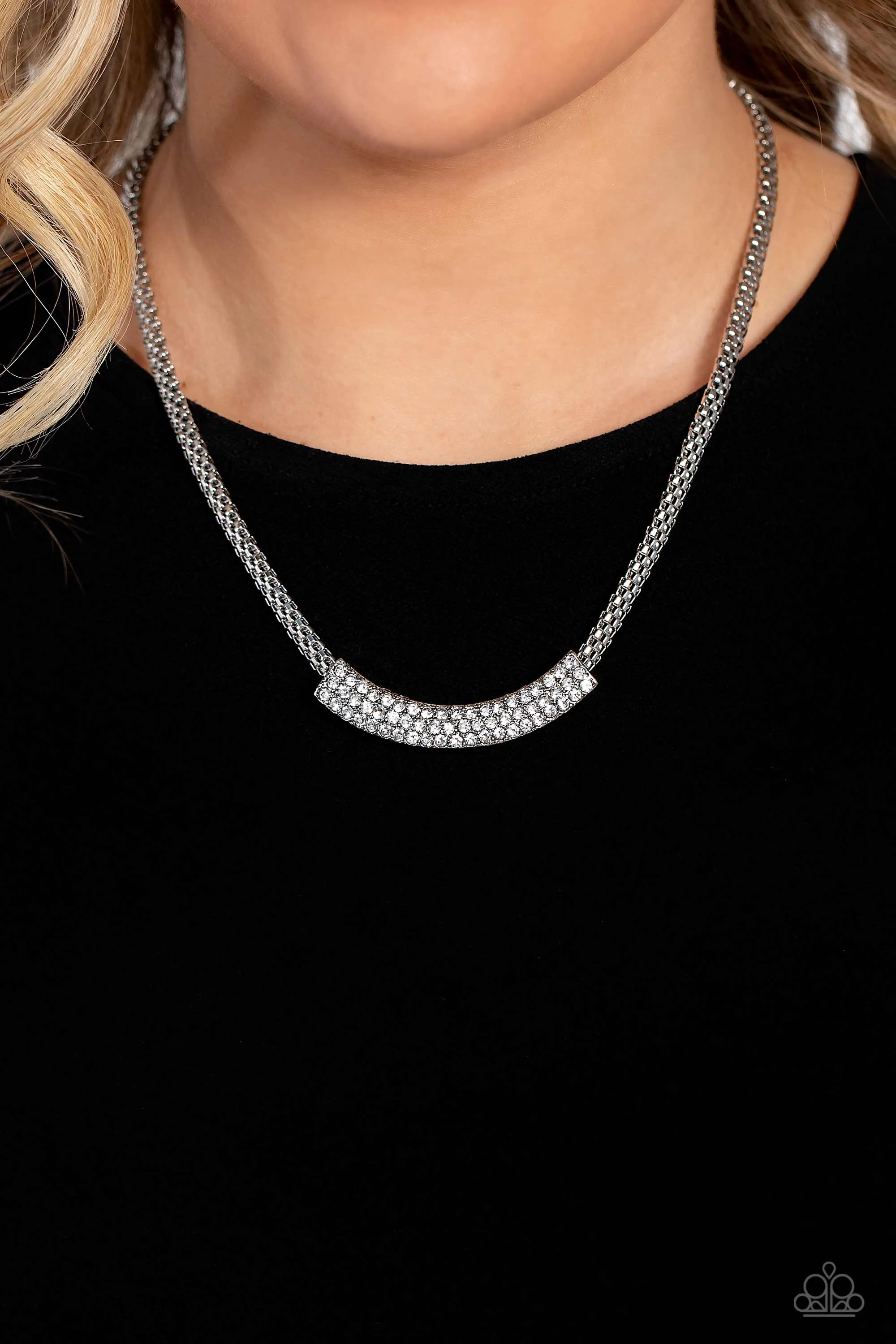 Swing Dance Dream - White Rhinestone Silver Mesh Chain Necklace