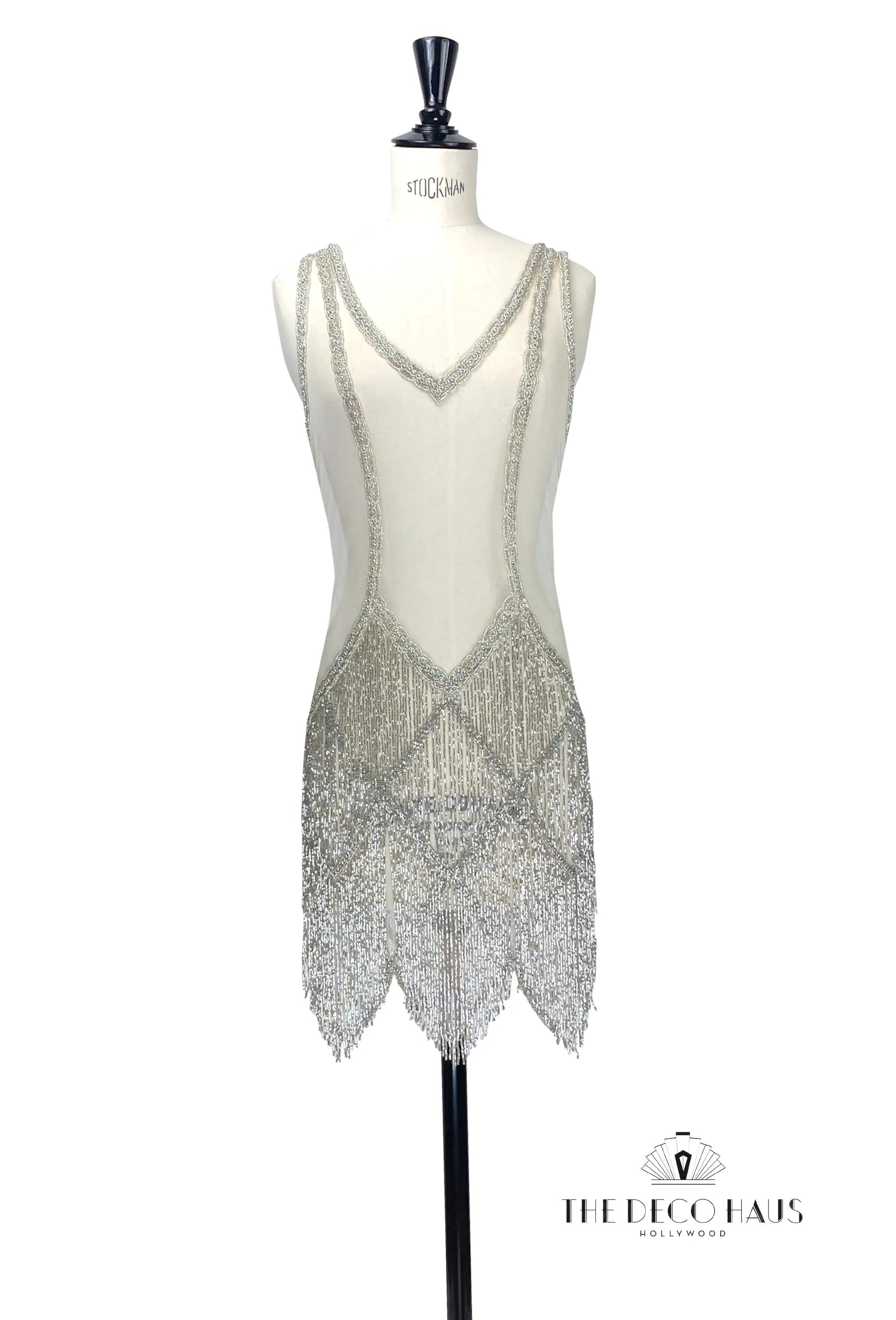 The Louise Brooks Celebrity Beaded Mesh 1920's Gown - Silver Cloud