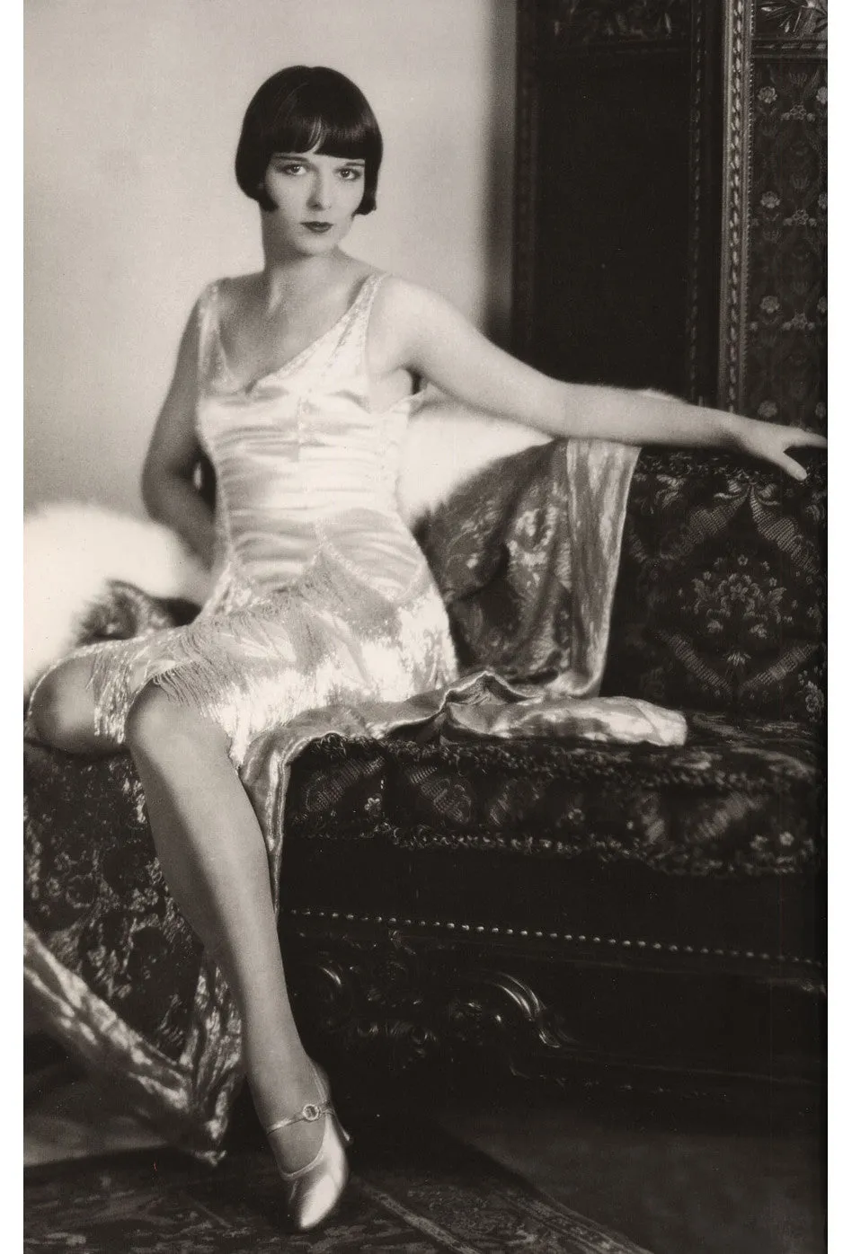The Louise Brooks Celebrity Beaded Mesh 1920's Gown - Silver Cloud