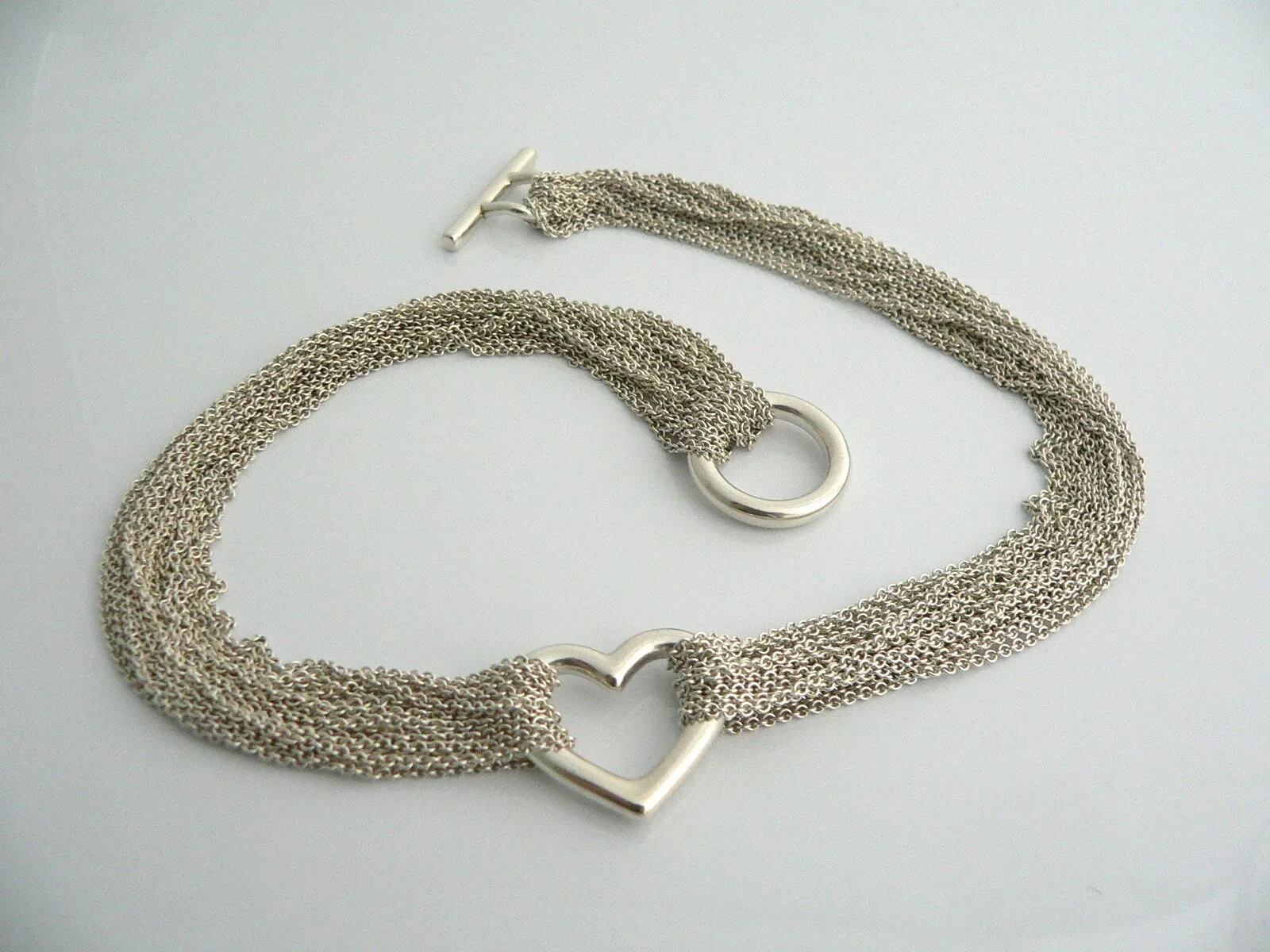 Tiffany & Co Heart Mesh Necklace Pendant Chain Rare Gift Multi Strand Silver