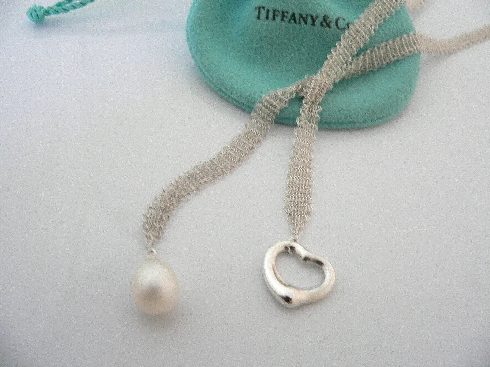 Tiffany & Co Open Heart Necklace Pearl Pendant Charm 25 Inch Mesh Gift Pouch Art