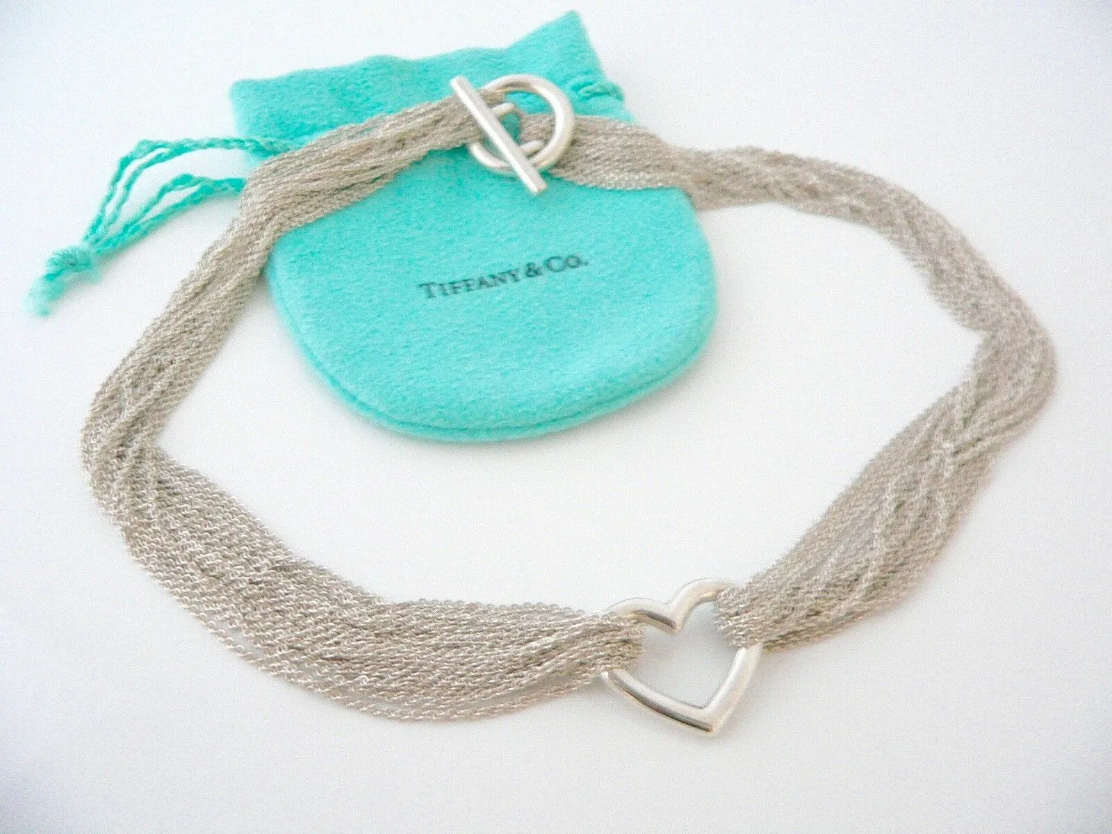 Tiffany & Co Silver Mesh Heart Necklace Pendant Charm Chain 17.5 Inch Longer