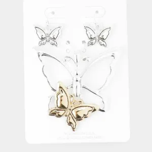 Two Tone Metal Butterfly Pendant Set