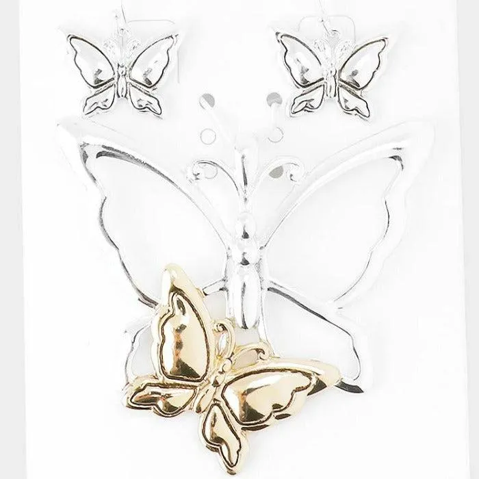 Two Tone Metal Butterfly Pendant Set