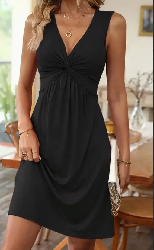 Vibrant Twist Front Dress - Elegant V-Neck Sleeveless Knit Dress for Women - Customized Summer Fashion with Micro Elasticity
