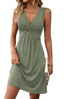 Vibrant Twist Front Dress - Elegant V-Neck Sleeveless Knit Dress for Women - Customized Summer Fashion with Micro Elasticity