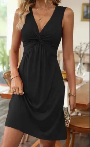 Vibrant Twist Front Dress - Elegant V-Neck Sleeveless Knit Dress for Women - Customized Summer Fashion with Micro Elasticity