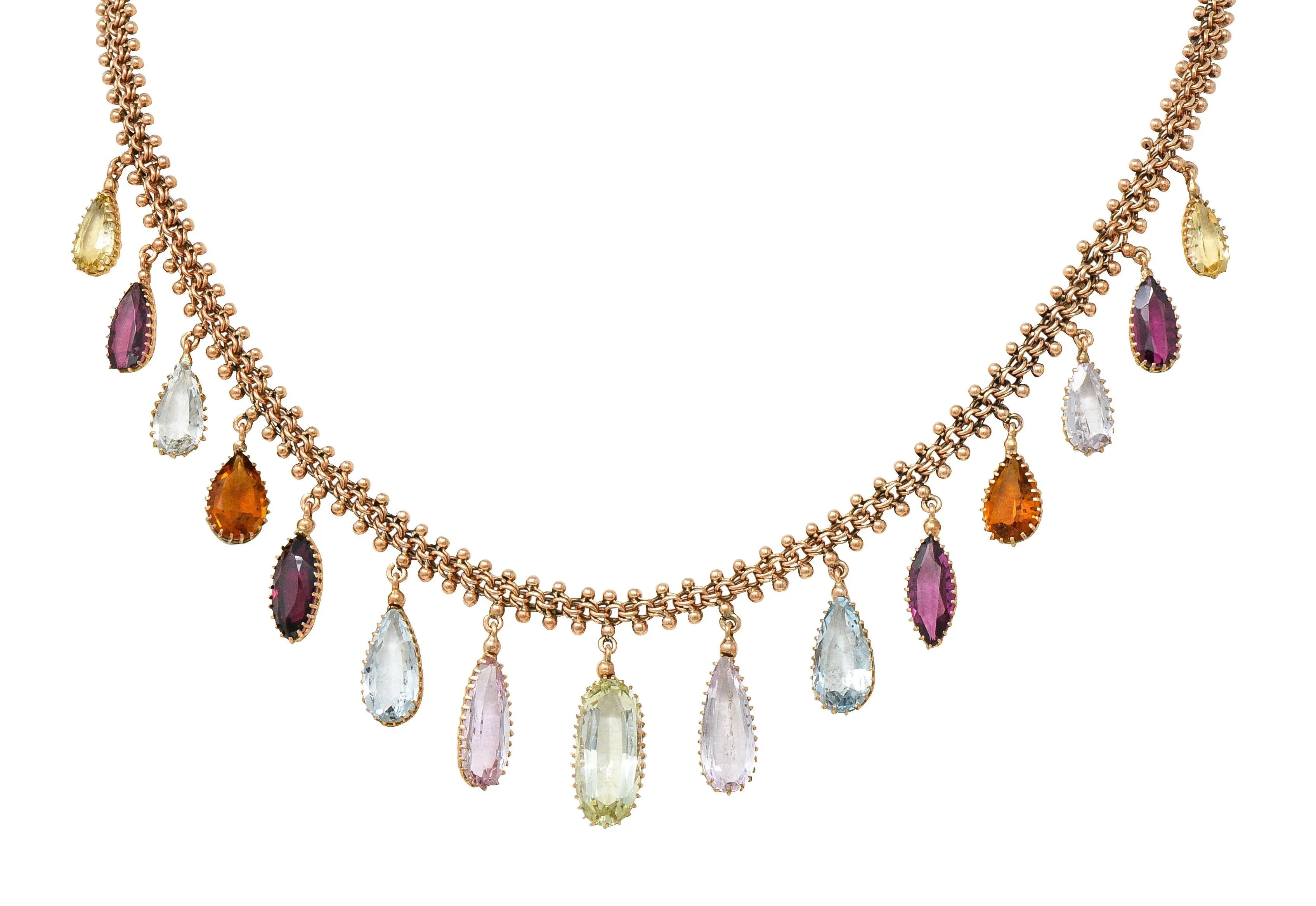 Victorian Multi-Gem Citrine Aquamarine Topaz 14 Karat Rose Gold Antique Fringe Necklace