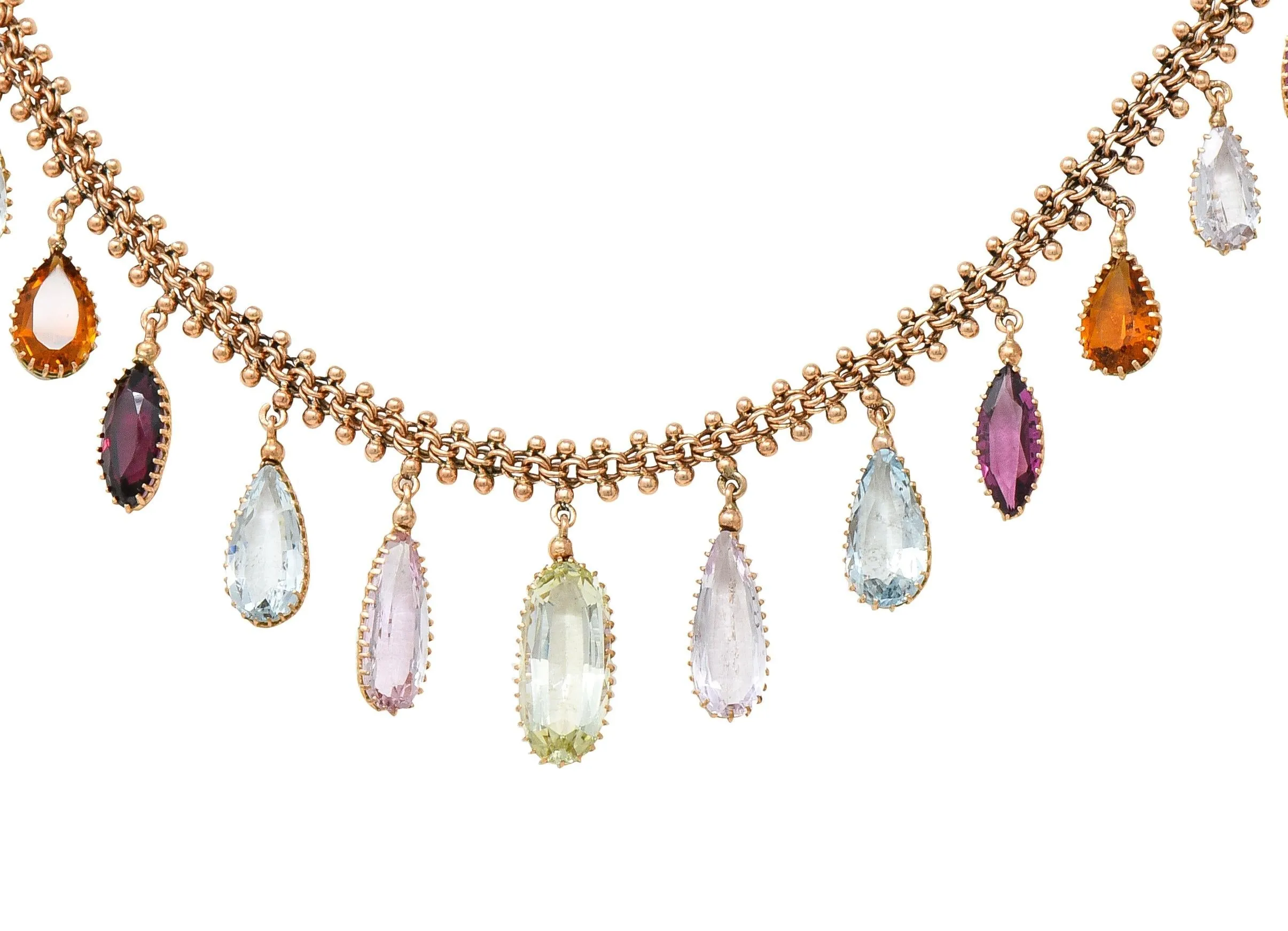 Victorian Multi-Gem Citrine Aquamarine Topaz 14 Karat Rose Gold Antique Fringe Necklace