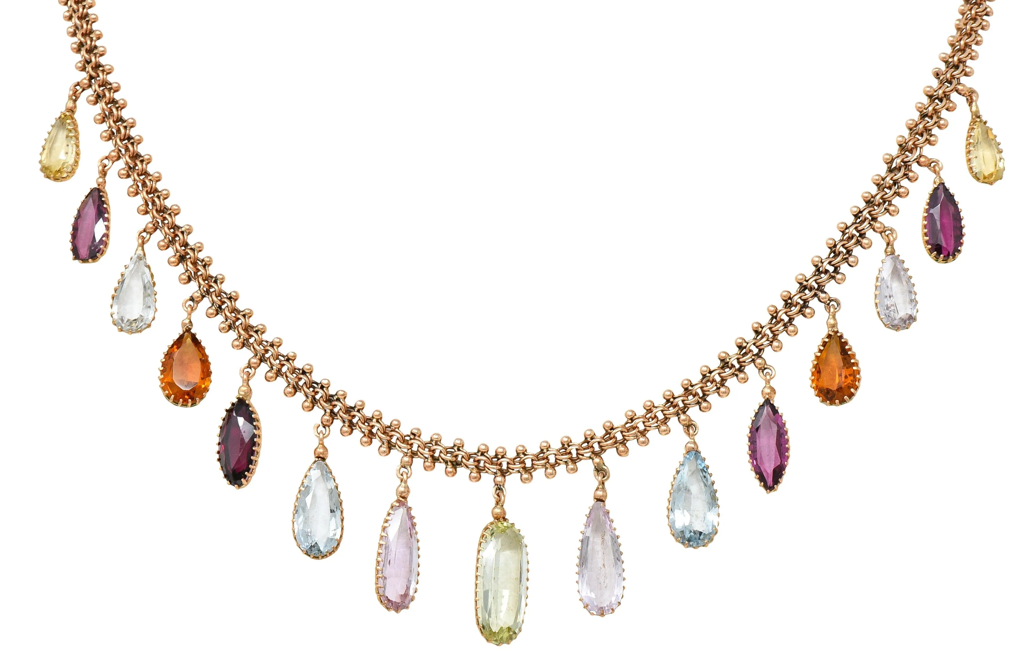Victorian Multi-Gem Citrine Aquamarine Topaz 14 Karat Rose Gold Antique Fringe Necklace